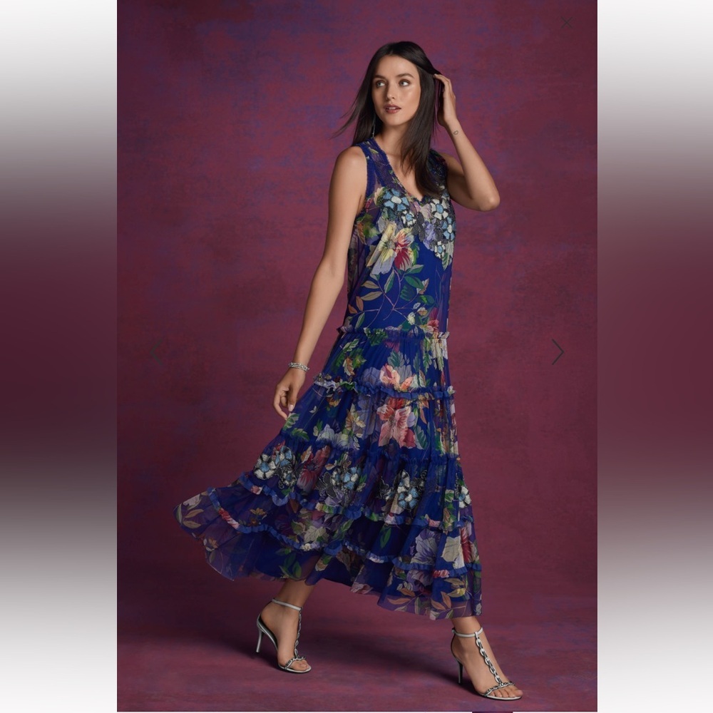 Johnny Was Navy Blue Floral Tiered Maxi Dress